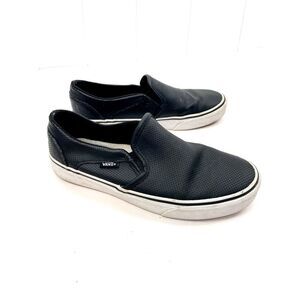 Vans Unisex Slip‎ On Sneakers Black Leather Low Top Perforated Mens 6.5 Womens 8